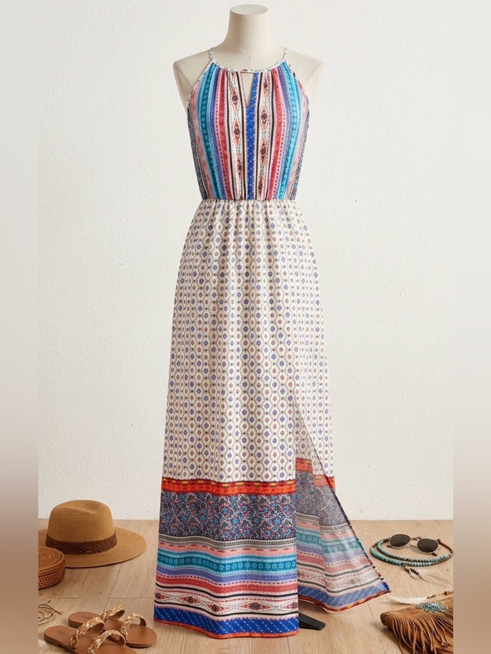 Boho Multi-Stripe & Floral Sun Dress